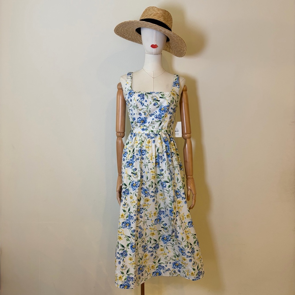 Floral Square-Neck Midi Dress in White and Blue